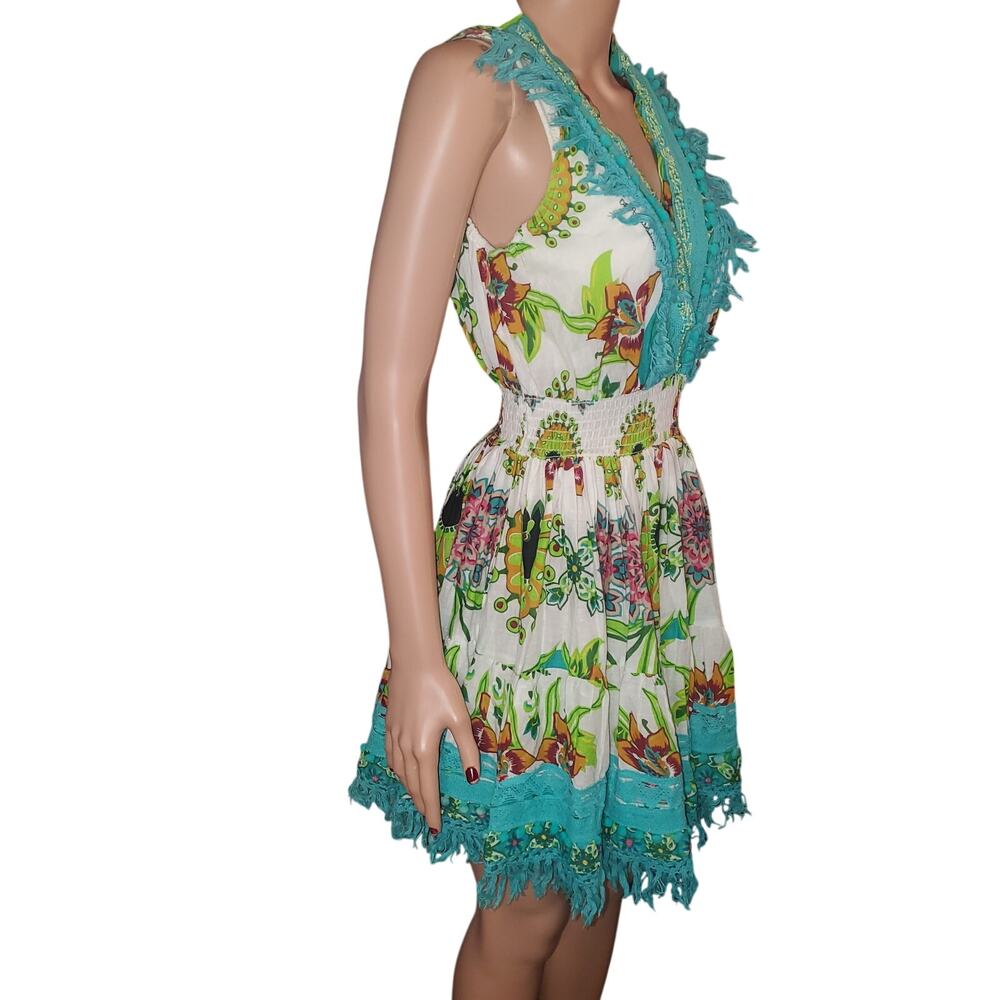 Antica Sartoria Dress 2024 One Size Cotton Boho Positano Aqua Fringe Mini Resort - Picture 5 of 12